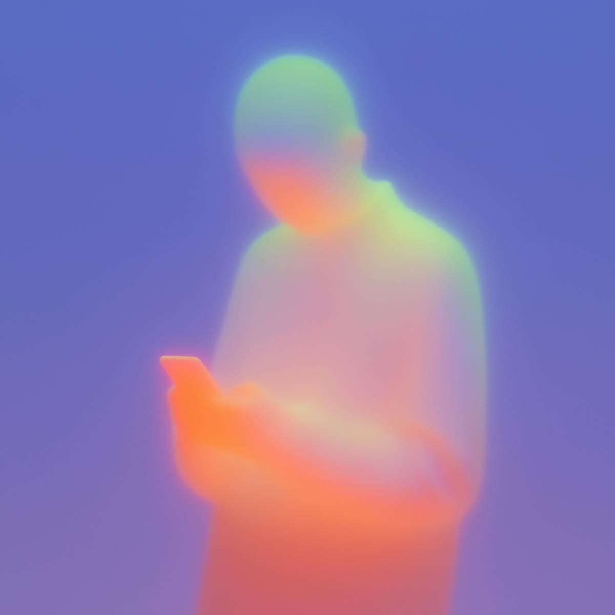 Rendered figure holding a phone, lit in the system's editorial colour palette